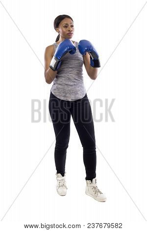 Black Female Isolated On A White Background Wearing Boxing Gloves Working Out With Box Aerobics Card