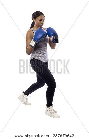 Black Female Isolated On A White Background Wearing Boxing Gloves Working Out With Box Aerobics Card