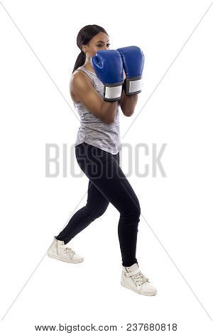 Black Female Isolated On A White Background Wearing Boxing Gloves Working Out With Box Aerobics Card