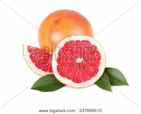 Grapefruit Piece Isolated On White Background. Fresh Fruit. With Clipping Path. Fresh Grapefruit Wit