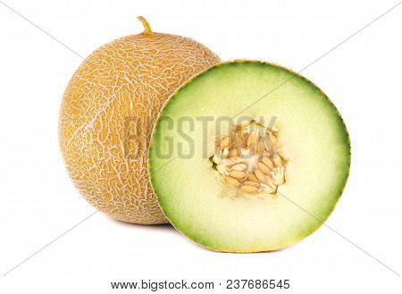 Cantaloupe Melon Isolated On White Background. Juicy And Sweet Cantaloupe Melon Isolated On White Ba