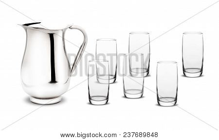 Empty Inox Pitcher And Six Glasses For Water, Isolated On White Background