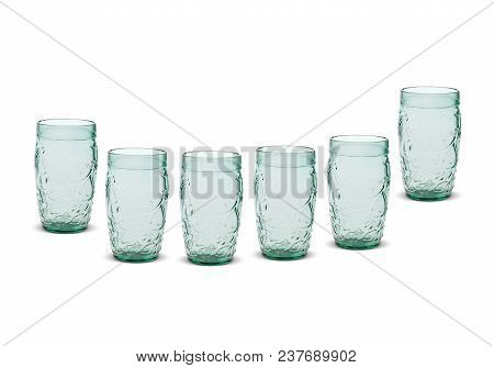 Empty Six Glasses For Water, Isolated On White Background