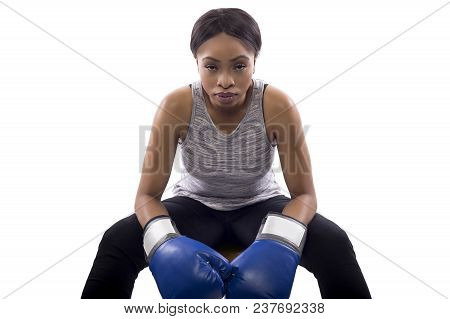 Black Female Isolated On A White Background Wearing Boxing Gloves Working Out With Box Aerobics Card