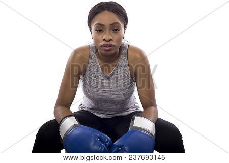 Black Female Isolated On A White Background Wearing Boxing Gloves Working Out With Box Aerobics Card