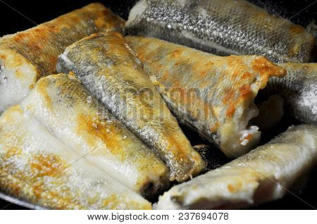 Fried Fish In A Frying Pan. Notothenia. Macro Shot.