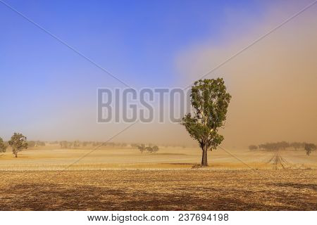 Dust Storm Blowing Over The Agricultural Fields Between Wagga Wagga And Temora, New South Wales