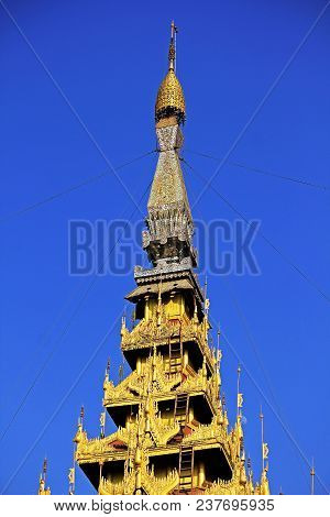 Top Of The Temple With Golden Color. In Myanmar
