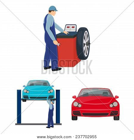 Car, Lift, Pump And Other Equipment Cartoon Icons In Set Collection For Design. Car Maintenance Stat