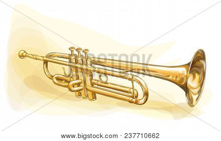 Gold Brass Trumpet. Vector Illustration. Vatercolor Imitation