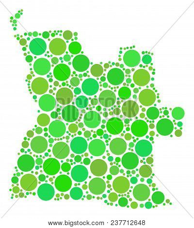 Angola Map Composition Of Scattered Circle Elements In Different Sizes And Green Color Tints. Vector