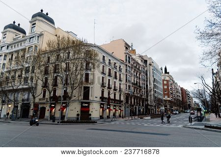 Madrid, Spain - April 15, 2018:  Serrano Street In Salamanca District A Cloudy Day. Salamanca Is Wel