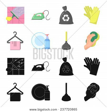 Cleaning And Maid Black, Cartoon Icons In Set Collection For Design. Equipment For Cleaning Vector S