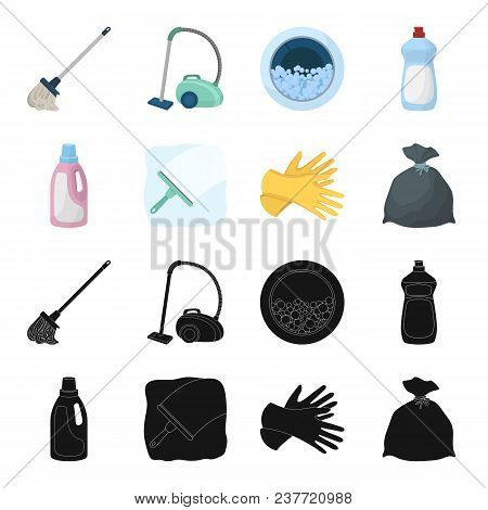 Gel For Washing In A Pink Bottle, Yellow Gloves For Cleaning, A Brush For Glass, A Black Bag For Gar