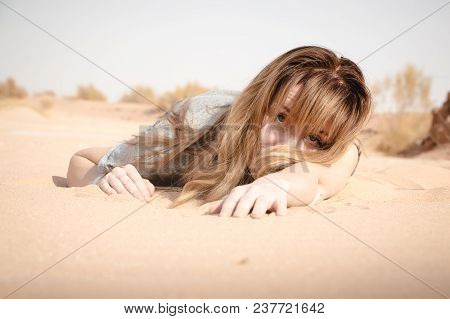 Girl Have Fun In Desert In A Summer Day