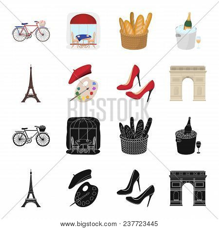 Eiffel Tower, Brush, Hat .france Country Set Collection Icons In Black, Cartoon Style Vector Symbol 