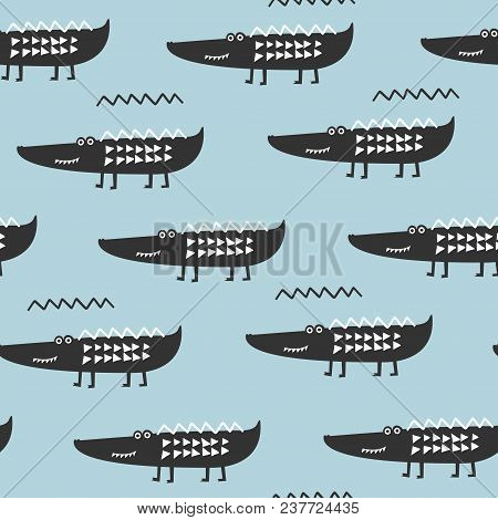 Crocodile Seamless Pattern. Alligator Kds Cloth Ornament. Vector Illustration. Perfect For Kids Fabr