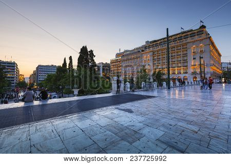 Athens, Greece - April 24, 2018: People Hanging Out In Syntagma Square In Athens On A Warm Evening O