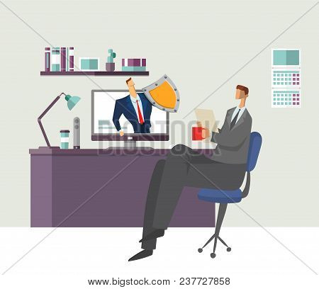 Man In Office Reading Document With Shielded Man Protecting His Computer. Protecting Your Personal D