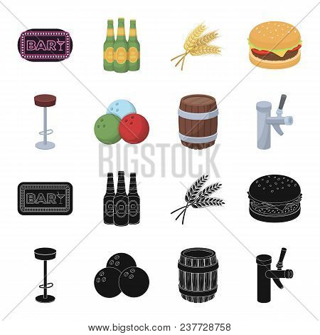 Restaurant, Cafe, Chair, Bowling Ball .pub Set Collection Icons In Black, Cartoon Style Vector Symbo