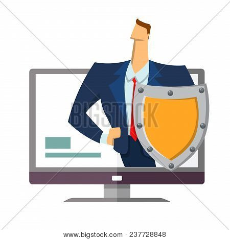 Man In Business Suit With A Shield Standing Out From Computer Monitor. Protecting Your Personal Data