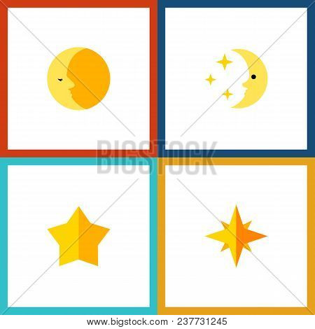 Icon Flat Night Set Of Midnight, Starlet, Moon And Other Vector Objects. Also Includes Star, Sky, As