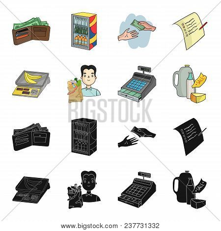 Package, Scales, Banana, Fruit .supermarket Set Collection Icons In Black, Cartoon Style Vector Symb