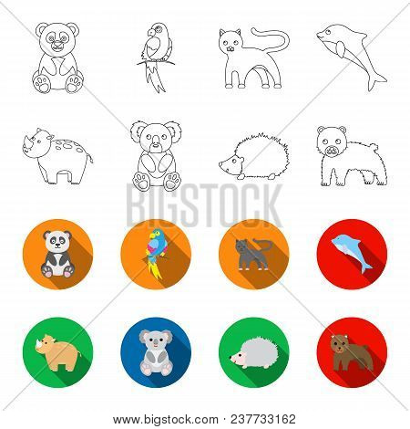 Rhino, Koala, Panther, Hedgehog.animal Set Collection Icons In Outline, Flet Style Vector Symbol Sto