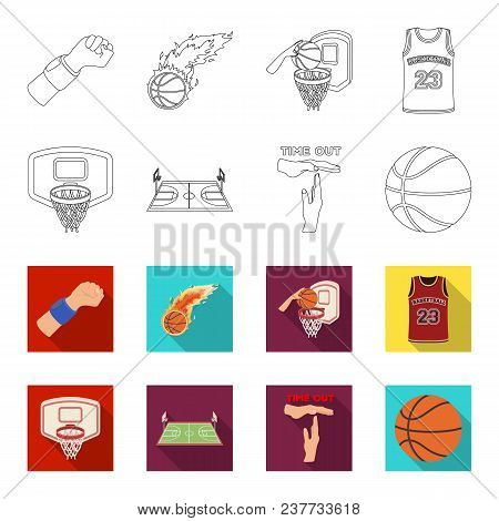 Basketball And Attributes Outline, Flet Icons In Set Collection For Design.basketball Player And Equ
