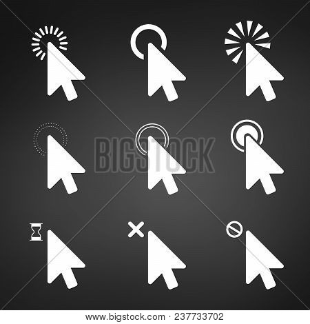 White Computer Mouse Click Cursor Arrow Icons Set. Vector Illustration Isolated On Modern Black Back