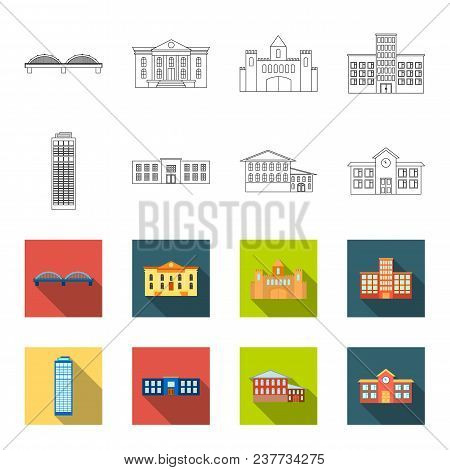 Skyscraper, Police, Hotel, School.building Set Collection Icons In Outline, Flet Style Vector Symbol