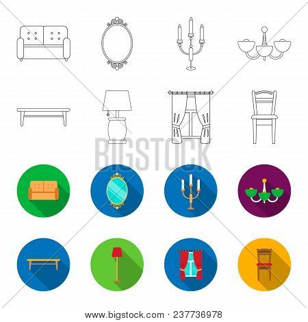 A Coffee Table, A Lamp, Curtains, A Chair.furniture Set Collection Icons In Outline, Flet Style Vect