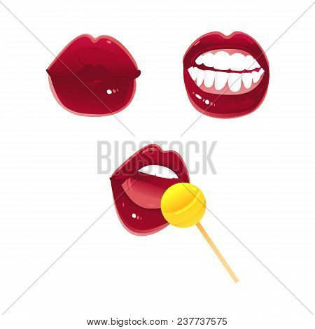 Woman Mouth Open With Sexy Lips, White Teeth, Lips Sucking Lollipop, Kissing. Red Lipstick Makeup Gl