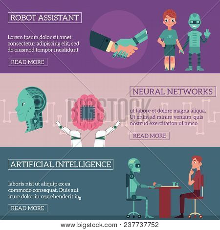 Flat Fuman Robots Interaction Banner Set. Bot Shaking Hands With Human, Playing With Man In Chess, W