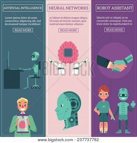 Flat Fuman Robots Interaction Banner Set. Bot Working At Desktop, Shaking Hands With Human, Walking 