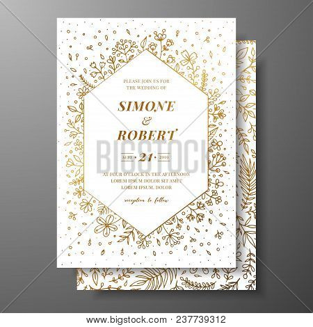 Golden Vector Wedding Invitation With Hand Drawn Twigs, Flowers And Brahches. Golden Botanical Templ