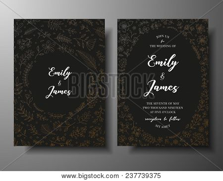 Golden Vector Wedding Invitation With Hand Drawn Twigs, Flowers And Brahches. Dark Elegant Botanical