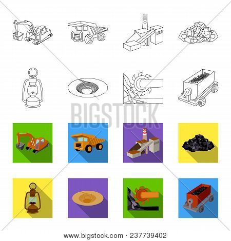 A Miner Lamp, A Funnel, A Mining Combine, A Trolley With Ore.mining Industry Set Collection Icons In