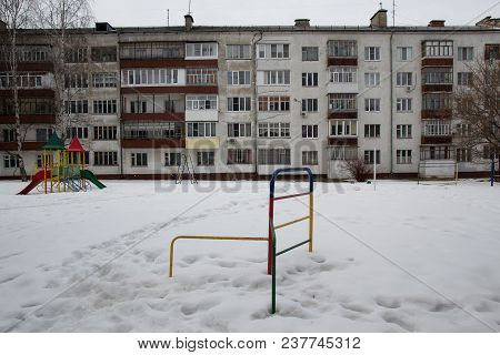 City Winter Landscape. View Of A Small Provincial Dying Town, One Of The Most Polluted Towns In Russ