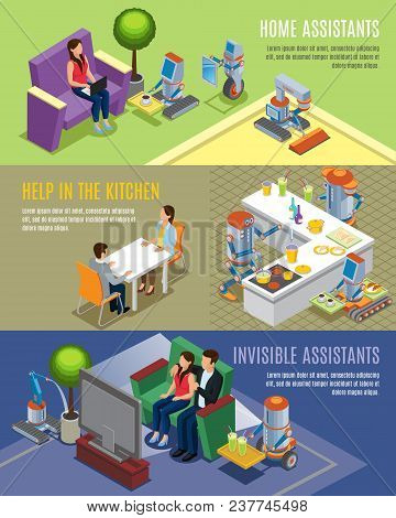 Isometric Home Robots Horizontal Banners With Robotic Assistants Helping People In Housework Cleanin