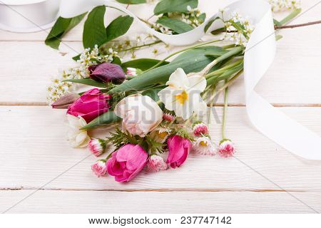 Flowers Composition. Frame Made Of White Flowers On White Background. Valentine's Day. Flat Lay, Top