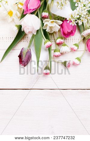 Flowers Composition. Frame Made Of White Flowers On White Background. Valentine's Day. Flat Lay, Top