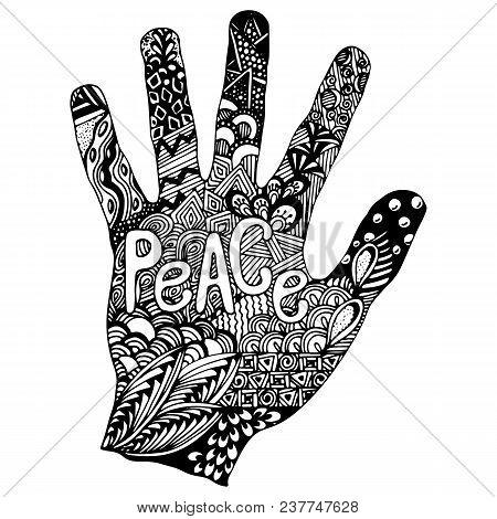 Detailed Hand Drawn Doodle Logo. Hand In Doodle Style With Inscription Peace On It. Floral Pattern I