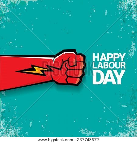 1 May Happy Labour Day Vector Label With Strong Red Fist On Torquise Background . Labor Day Backgrou