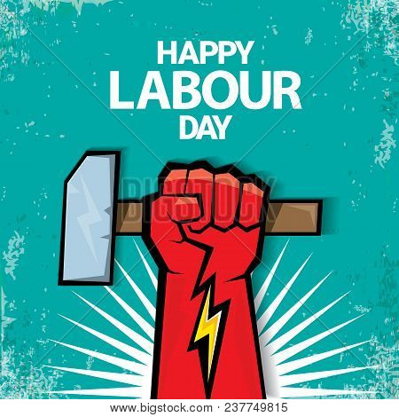 1 May Happy Labour Day Vector Label With Strong Red Fist On Torquise Background . Labor Day Backgrou