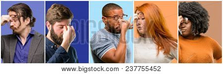 Group of cool people, woman and man with sleepy expression, being overworked and tired, rubbes nose because of weariness
