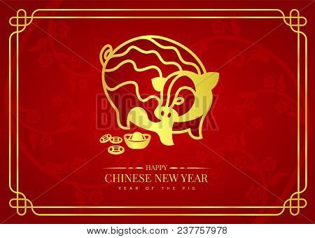 Happy Chinese New Year 2019 Banner Card With Gold Abstract Line Art Pig Zodiac Sign And China Money 