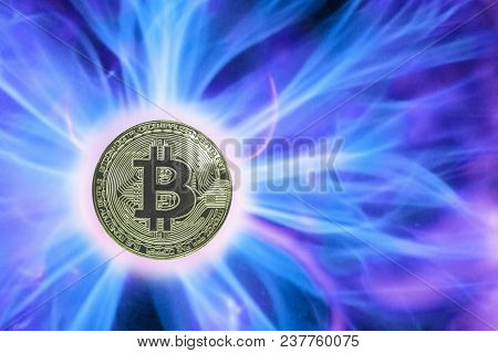 Birth Or Fork Of Bitcoin Cryptocurrency. Coin Btc Background Real Cold Plasma.