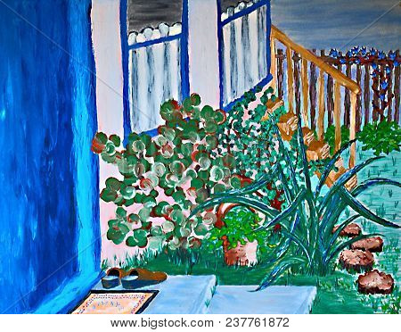 Acrylic Painting On Canvas Of Garden, Windows, Front Door And Stairway