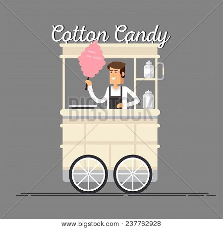 Creative Detailed Vector Street Cotton Candy Cart Or Shop With Swetness And With Seller